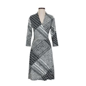 Jockey Chic Black and White Patterned Stretch Jersey Faux Wrap Midi Dress, Small